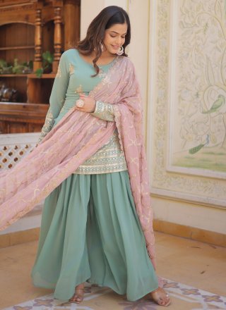 Green Faux Georgette Salwar Suit with Embroidered, Sequins and Thread Work