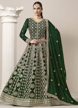 Green Faux Georgette Salwar Suit with Embroidered Work
