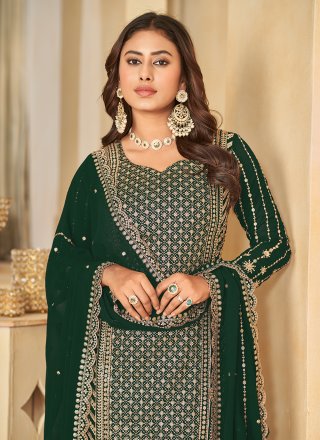 Green Faux Georgette Salwar Suit with Embroidered Work for Engagement