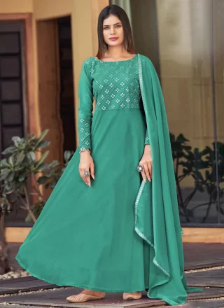 Green Foil Print and Mirror Work Georgette Gown