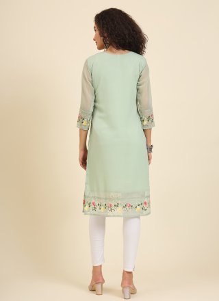 Green Georgette Casual Kurti with Chikankari, Embroidered and Lucknowi Work Work