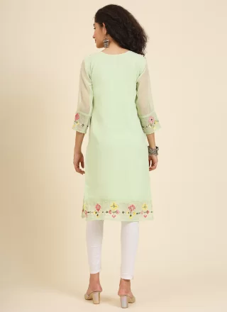 Green Georgette Chikankari, Embroidered and Lucknowi Work Work Casual Kurti