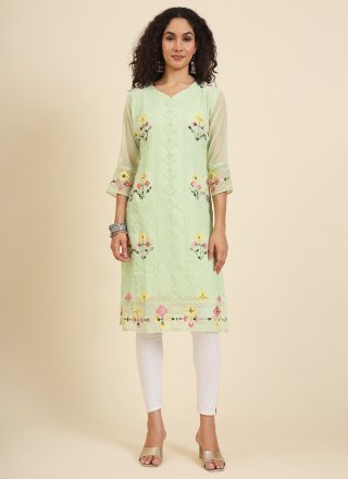 Green Georgette Chikankari, Embroidered and Lucknowi Work Work Casual Kurti