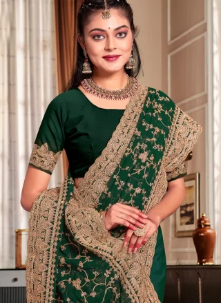 Green Georgette Classic Saree with Cord, Diamond and Embroidered Work