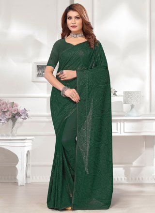 Green Georgette Classic Saree with Embroidered and Resham Work for Women