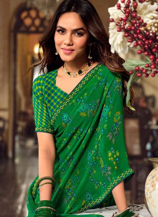 Green Georgette Classic Saree with Print Work