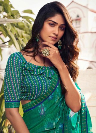 Green Georgette Classic Saree with Print Work