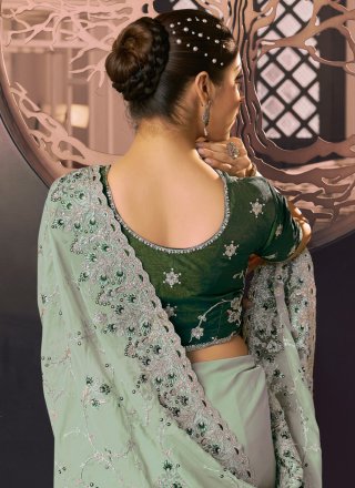 Green Georgette Contemporary Sari with Embroidered Work