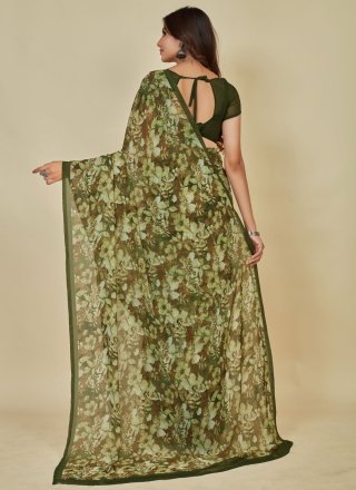 Green Georgette Contemporary Sari with Floral Patch Work
