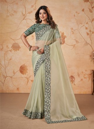 Green Georgette Cord, Embroidered, Moti, Sequins and Thread Work Trendy Saree for Party