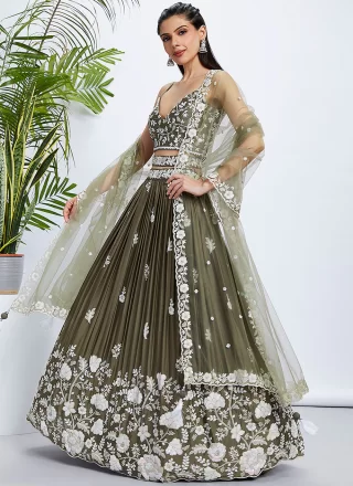 Green Georgette Cord, Embroidered, Sequins and Thread Work Lehenga Choli for Engagement