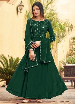 Green Georgette  Designer Gown with Foil Print and Mirror Work for Women