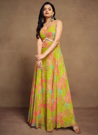 Green Georgette  Designer Gown with Print Work for Ceremonial