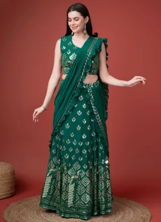 Green Georgette Embroidered and Sequins Work Classic Saree for Ceremonial