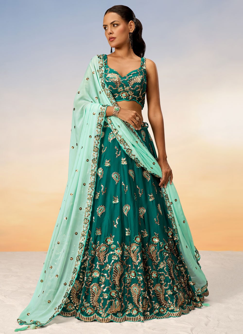 Buy Green Georgette Embroidered and Sequins Work Lehenga Choli for