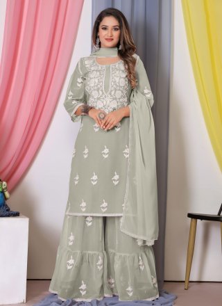 Green Georgette Embroidered and Thread Work Salwar Suit for Ceremonial