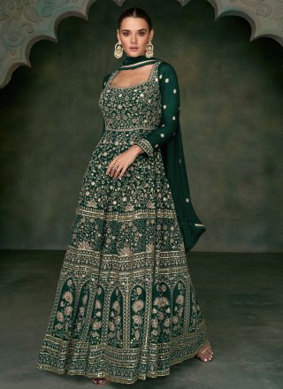Green Georgette Embroidered, Mirror and Sequins Work Gown for Party