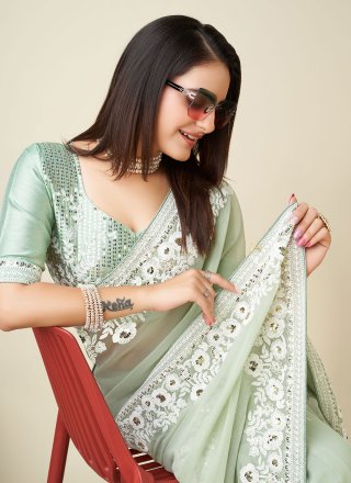 Green Georgette Embroidered, Resham and Sequins Work Trendy Saree for Ceremonial