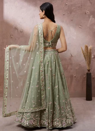 Green Georgette Embroidered, Sequins and Thread Work Lehenga Choli for Ceremonial