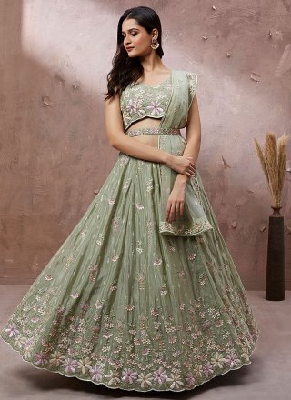 Green Georgette Embroidered, Sequins and Thread Work Lehenga Choli for Ceremonial