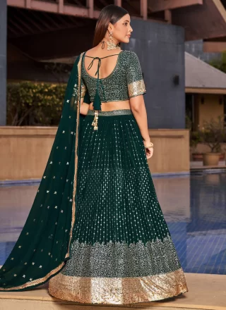 Green Georgette Embroidered, Sequins and Thread Work Lehenga Choli for Ceremonial