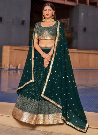 Green Georgette Embroidered, Sequins and Thread Work Lehenga Choli for Ceremonial