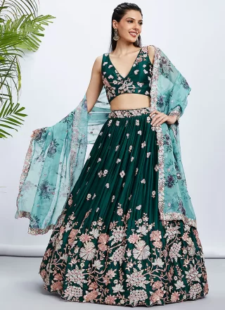 Green Georgette Embroidered, Sequins and Thread Work Lehenga Choli for Engagement