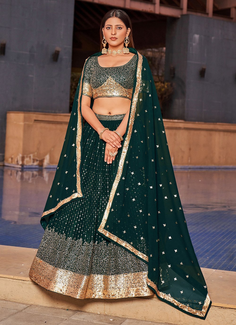 Bottle Green Coloured Poly Silk Embroidered Partywear Lehenga