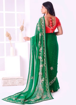Green Georgette Embroidered, Stone and Thread Work Designer Sari for Ceremonial