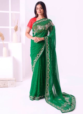 Green Georgette Embroidered, Stone and Thread Work Designer Sari for Ceremonial