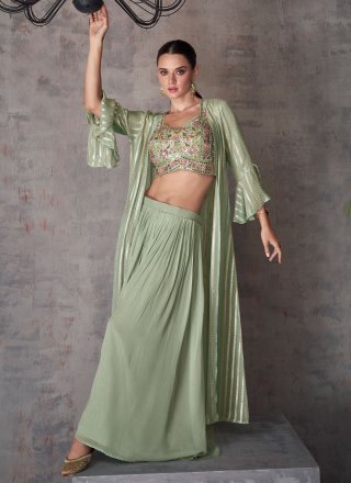 Green Georgette Embroidered Work Jacket Style Suit for Ceremonial