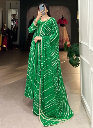 Green Georgette Gown with Lace and Print Work for Casual