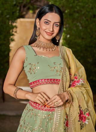 Green Georgette Lehenga Choli with Embroidered, Sequins, Thread and Zari Work for Engagement