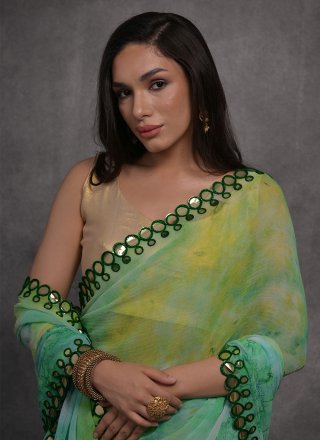 Green Georgette Mirror and Print Work Trendy Saree for Casual
