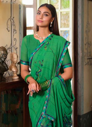 Green Georgette Print Work Trendy Saree for Ceremonial
