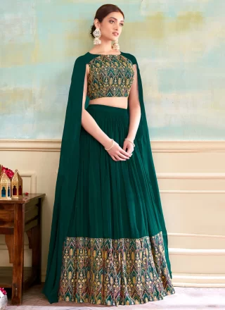 Green Georgette Readymade Lehenga Choli with Embroidered Work for Women
