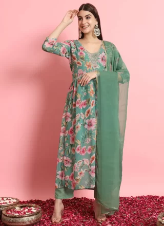Green Georgette Salwar Suit with Embroidered Work for Ceremonial