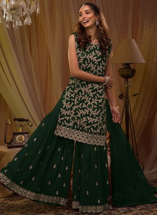 Green Georgette Salwar Suit with Embroidered Work for Women