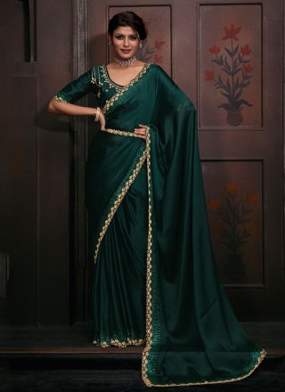 Green Georgette Satin Hand and Zircon Work Classic Saree for Ceremonial