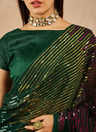 Green Georgette Shaded Saree with Embroidered and Sequins Work for Women