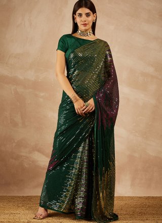 Green Georgette Shaded Saree with Embroidered and Sequins Work for Women