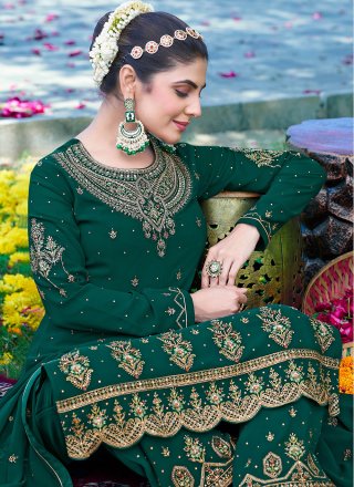 Green Georgette Trendy Suit with Embroidered Work