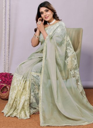 Green Glass Tissue Trendy Saree with Embroidered Work