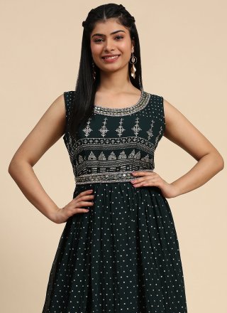 Green Hand and Print Work Georgette  Designer Gown