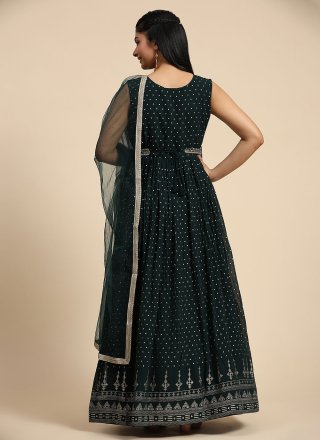 Green Hand and Print Work Georgette  Designer Gown