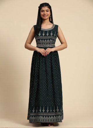 Green Hand and Print Work Georgette  Designer Gown