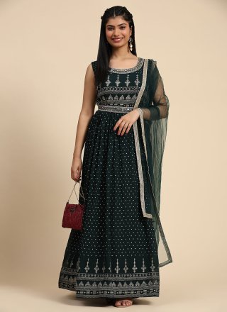 Green Hand and Print Work Georgette  Designer Gown