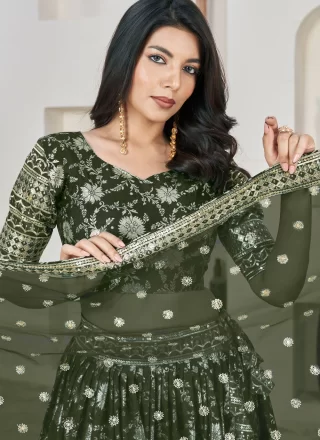 Green Jacquard A - Line Lehenga Choli with Embroidered, Sequins and Zari Work