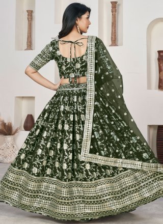 Green Jacquard A - Line Lehenga Choli with Embroidered, Sequins and Zari Work