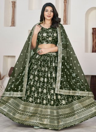 Green Jacquard A - Line Lehenga Choli with Embroidered, Sequins and Zari Work